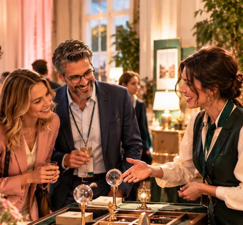 Une animatrice présente un jeu élégant à des visiteurs sur un stand