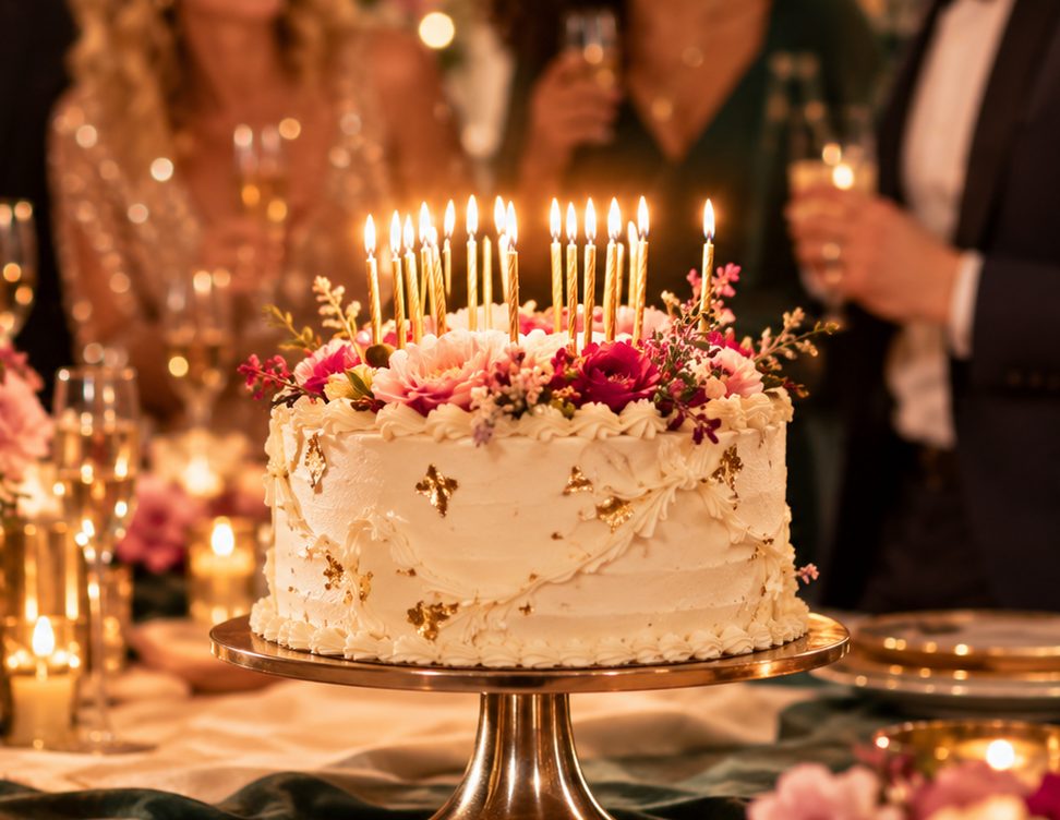 Gâteau d'anniversaire aux bougies dorées, entouré d'invités qui trinquent