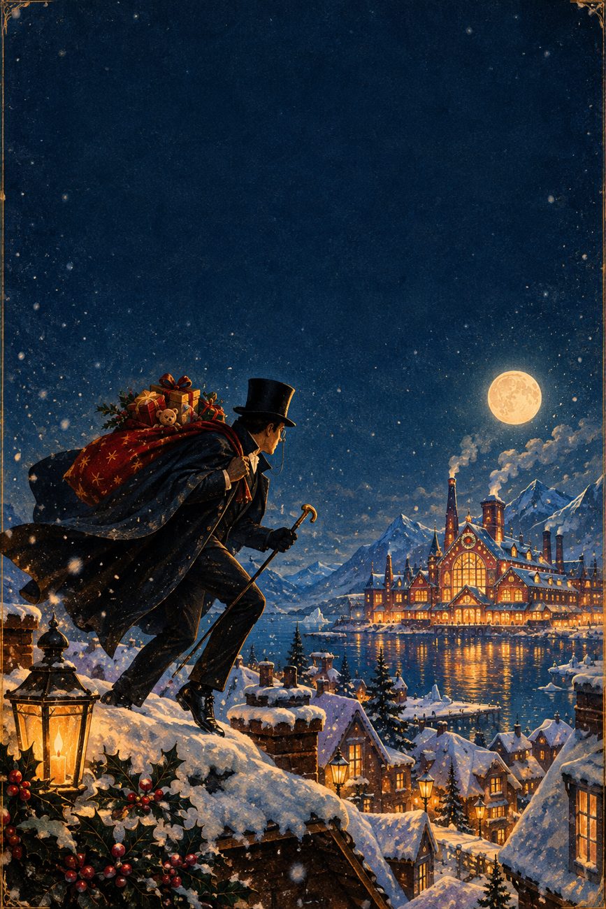 Arsène Lupin, gentleman voleur, sur les toits enneigés, un sac de cadeaux sur l'épaule