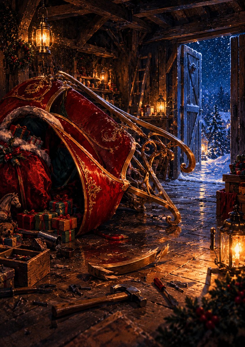 Le traîneau du Père Noël renversé dans l'atelier, univers du jeu Lupin a volé Noël