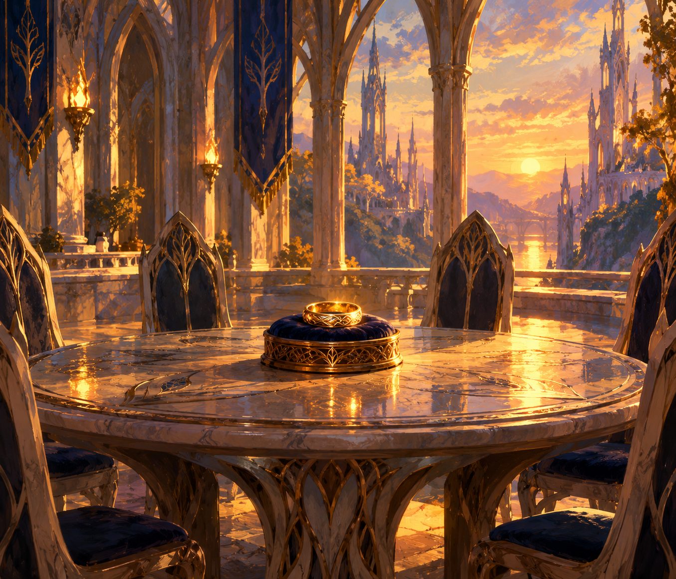 Anneau d'or posé au centre d'une table de conseil elfique au coucher du soleil