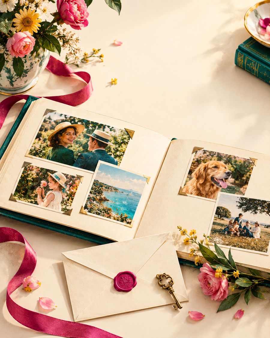 Album photo ouvert, entouré de fleurs, d'enveloppes et de rubans