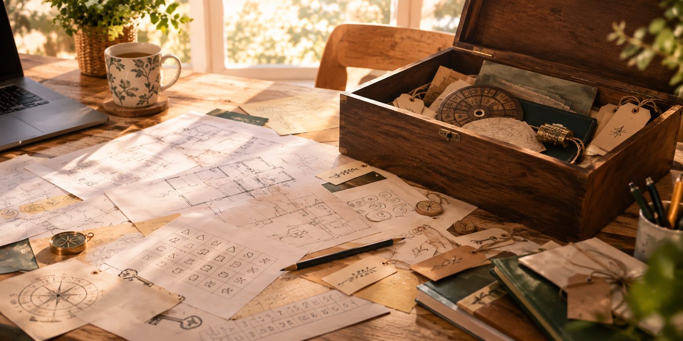 Atelier de création d'escape game : plans, grilles d'énigmes, boussoles et coffret de cadenas